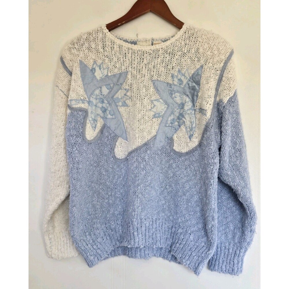 Vtg Needles & Yarn Sweater Womens M Blue Floral Cottagecore‎ Grandma Heritage